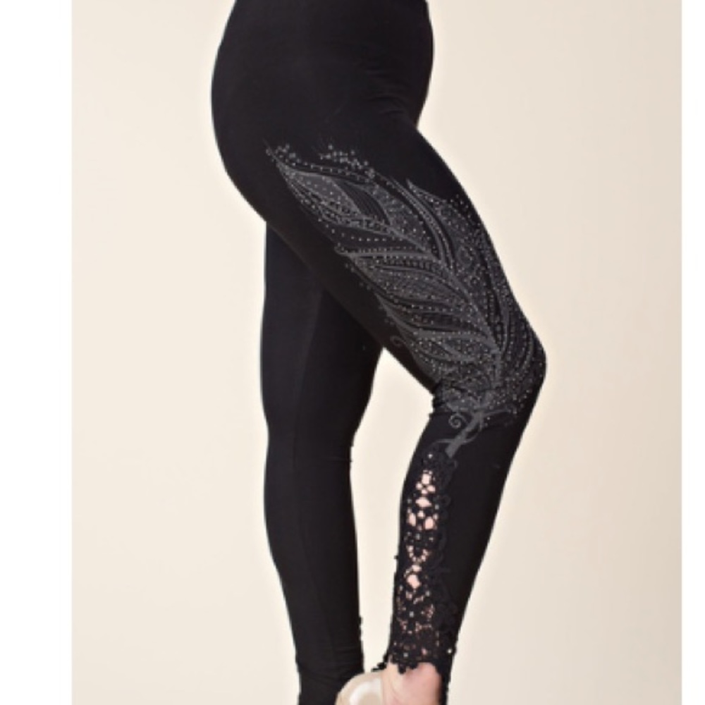 Feather Rhinestone Lace Leggings